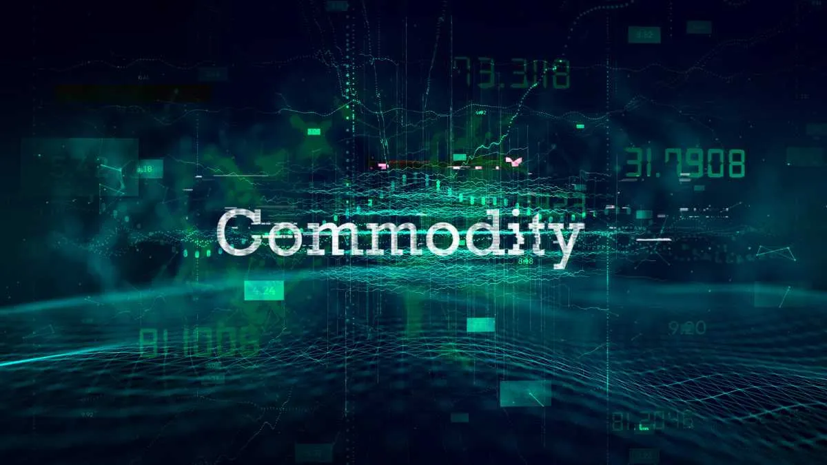 Digital graphic of Commodity text with stock market numbers and data in the background