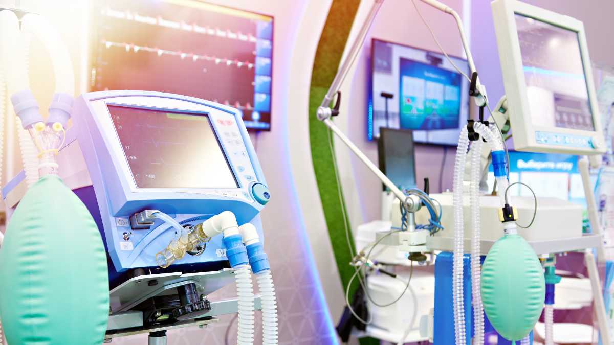 A ventilator in a medical setting, representing healthcare technology