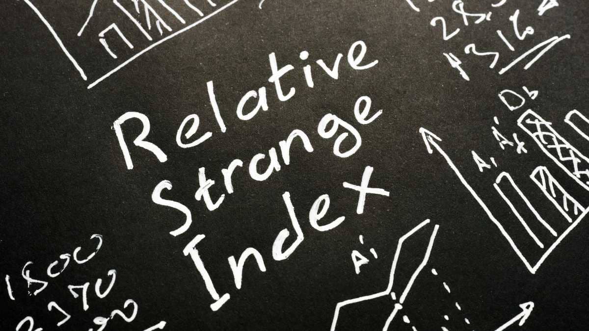 Chalkboard with Relative Strange Index and hand drawn financial graphs