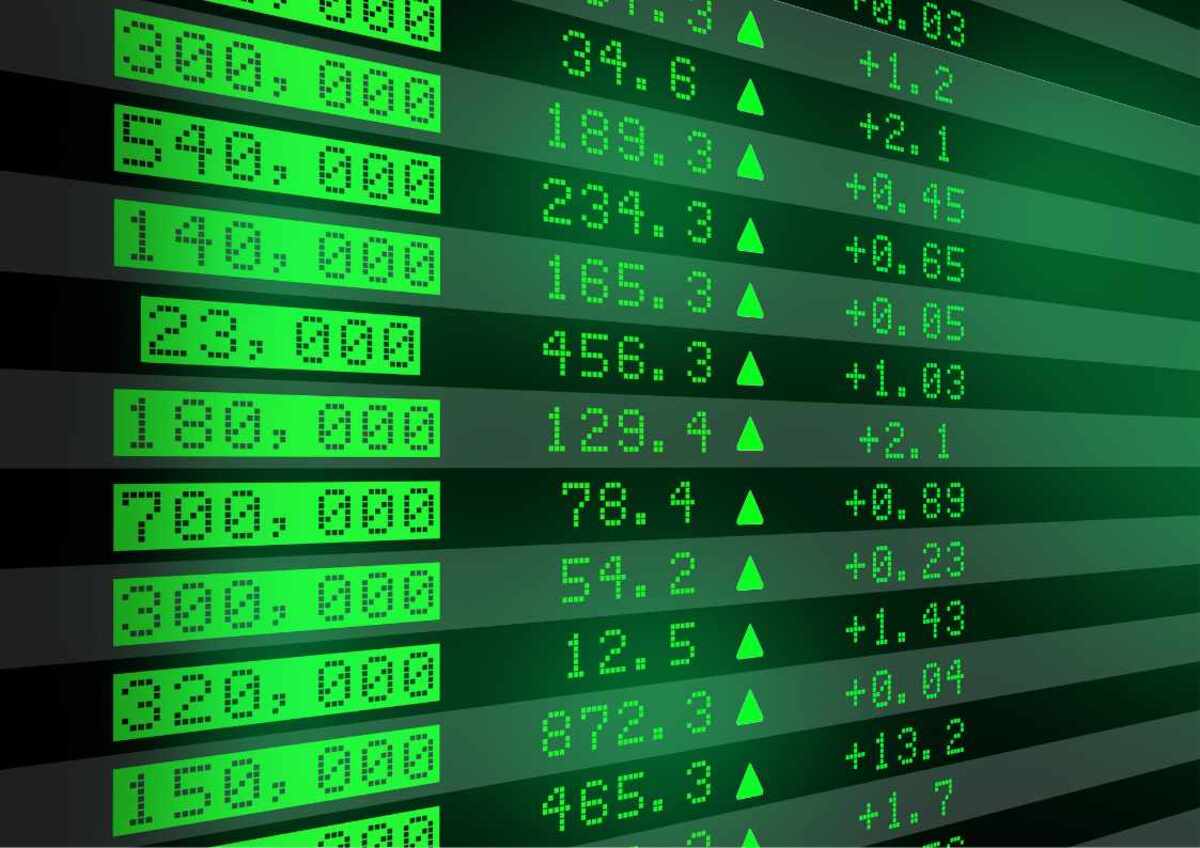 A stock market display with green digital numbers indicating rising values and positive trends.