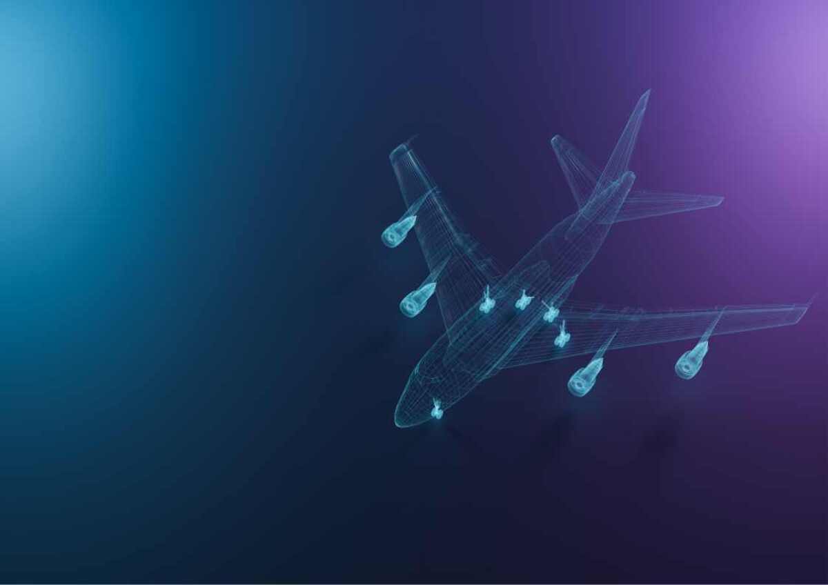 Wireframe design of an aeroplane on a dark blue background.