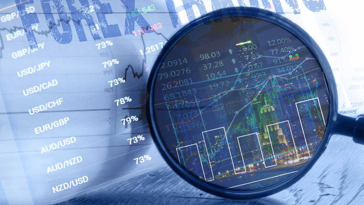 Magnifying glass over FOREX chart with currency pairs and percentages