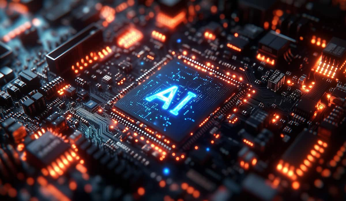 3D AI chip on circuit board, symbolizing AI chip makers.