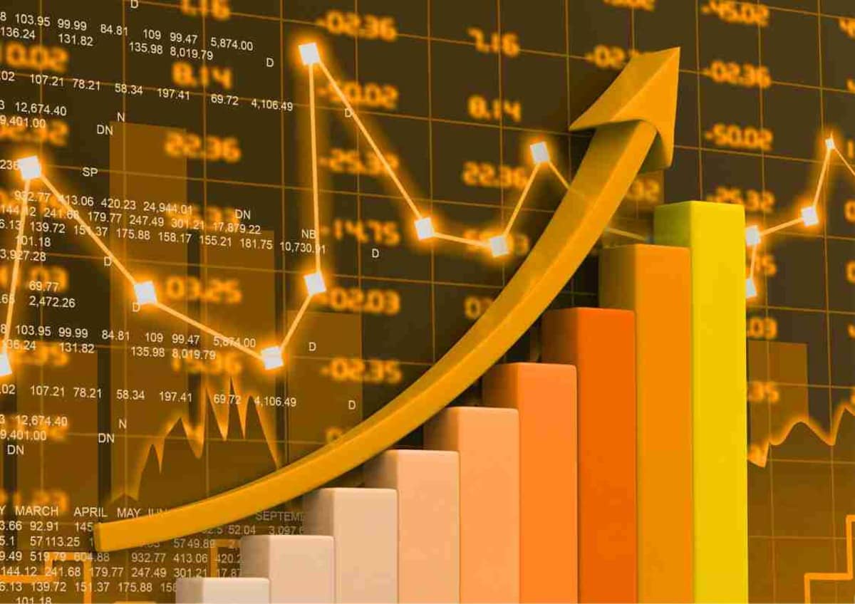 A graph with rising bars and an upward trend arrow, depicting positive stock market growth