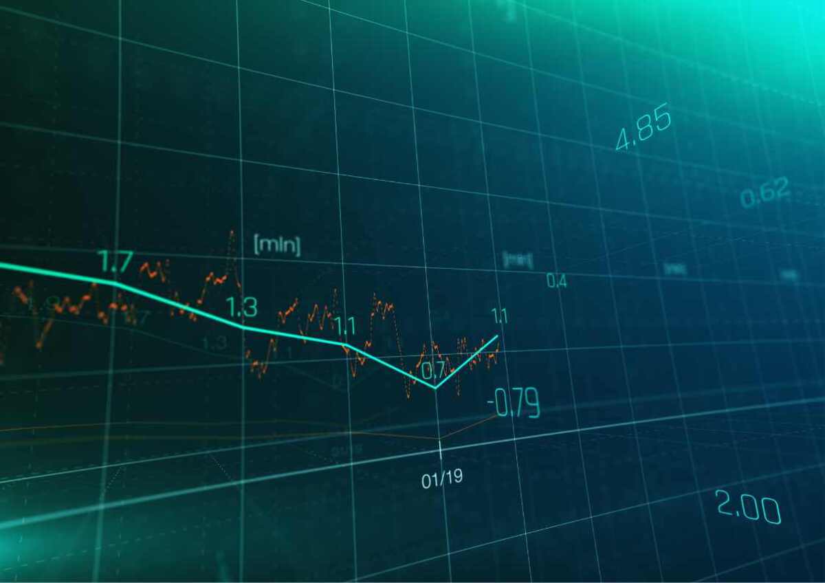 A stock market chart showing an uptrend and trading data points.