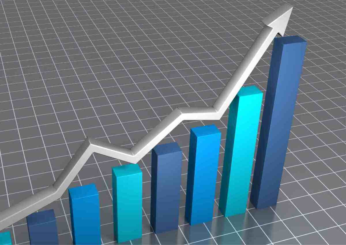 A 3D bar graph with a rising trend line indicating an upward trend