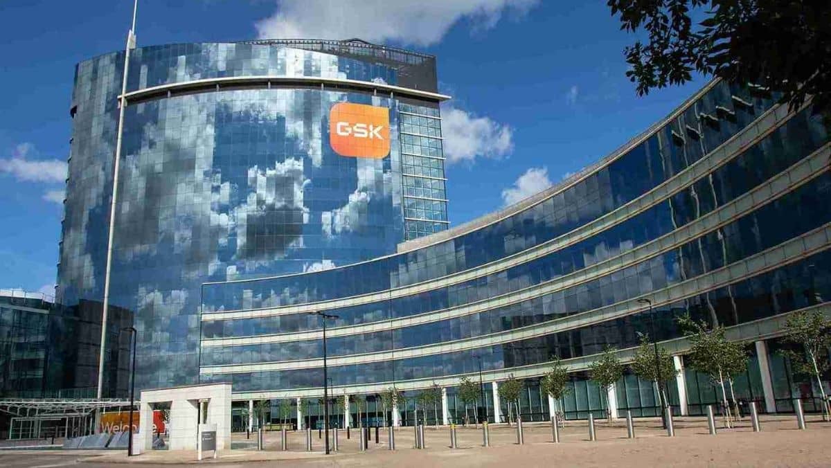 A GSK pharmaceutical company building with glass exterior