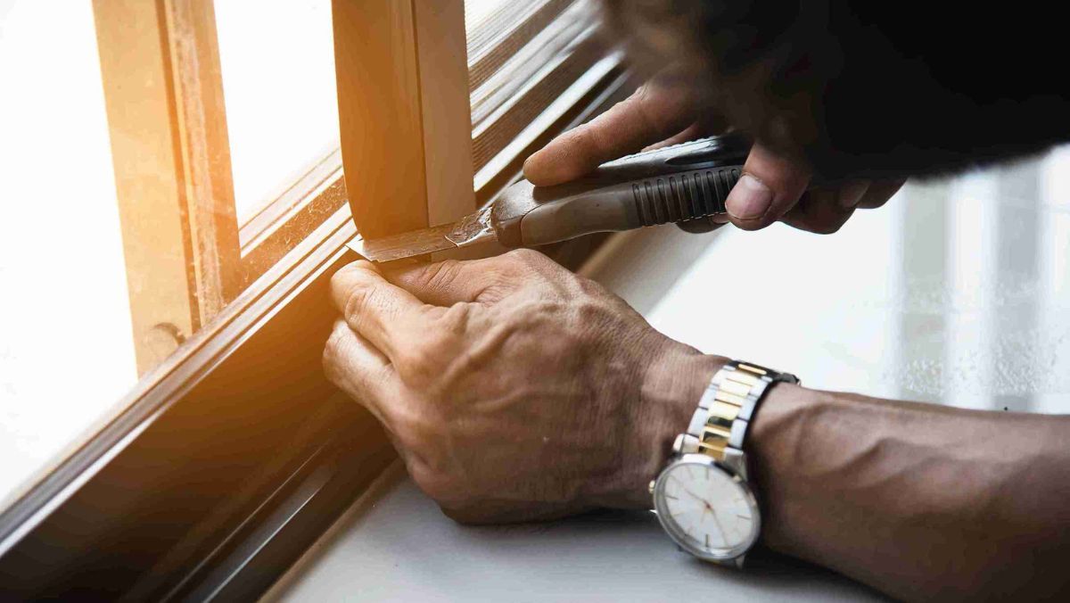 A man with a wristwatch repairing a window using a cutter