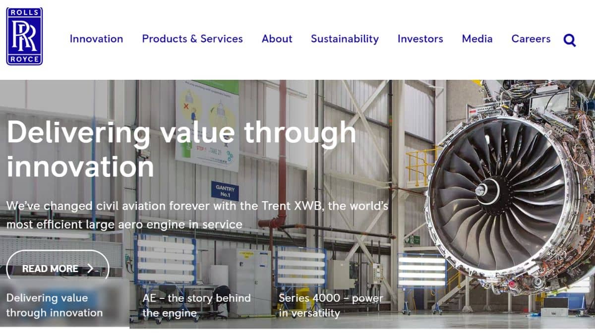 A website interface of Rolls Royce company