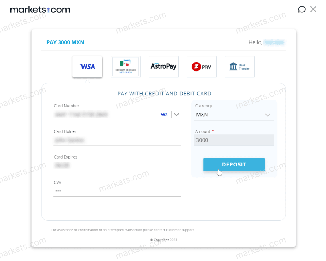 A window shows the user's payment method, card details, currency, and amount to be deposited. 