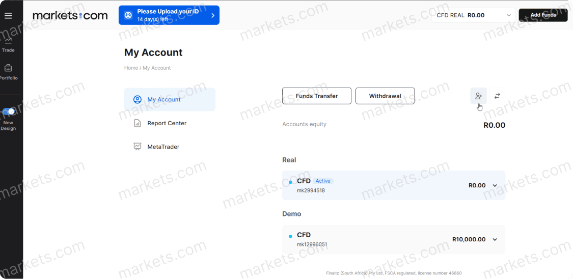 Select the button with an icon of a person and a plus sign positioned directly above the account equity section