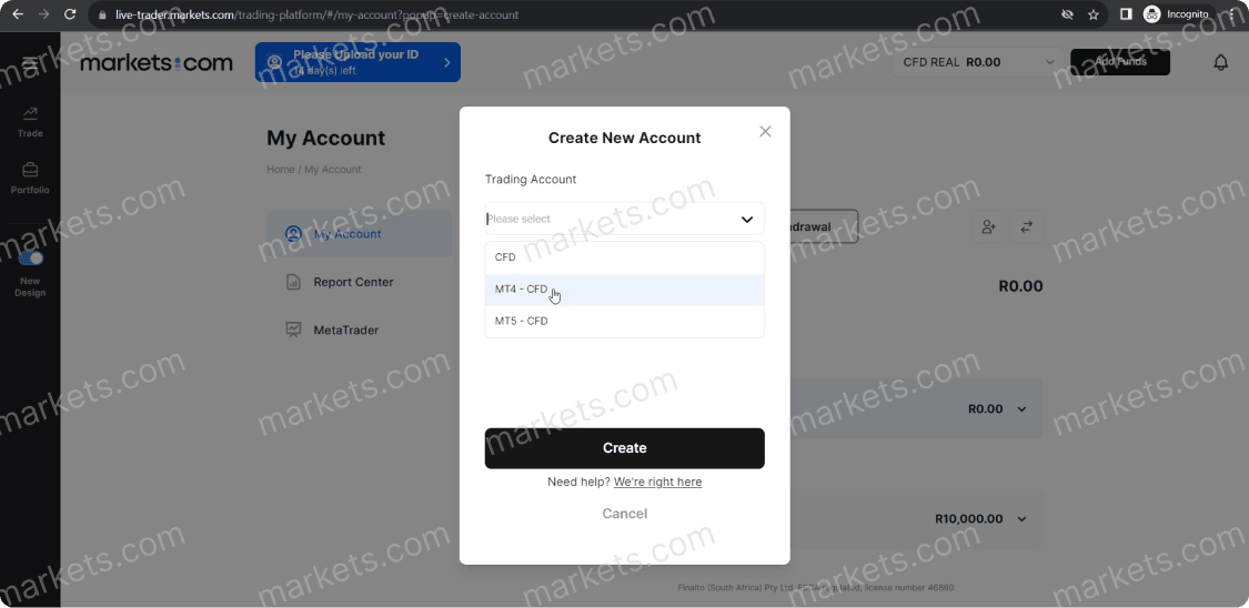 A popup window for creating a new account will appear, offering options to select the type of trading account to be created