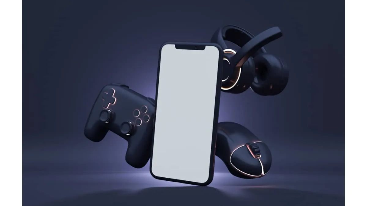 The image displays a smartphone with a game controller and headphones against a dark background.