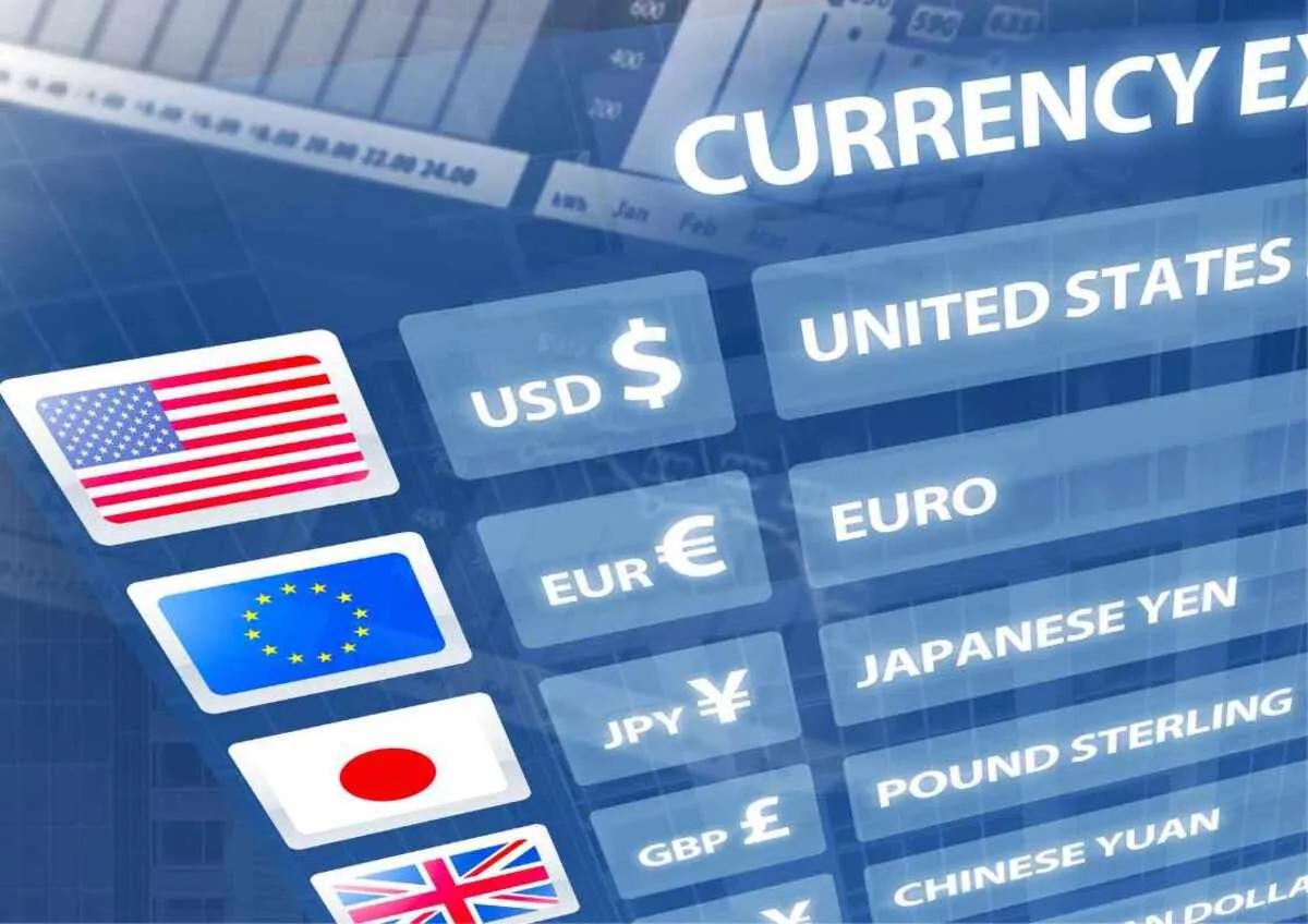 A digital display of currency exchange rates with flags and currency symbols.