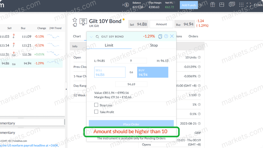 Enter an amount of trade size