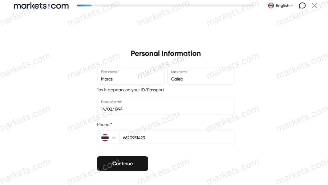 Field requires user's name, birthdate, contact number