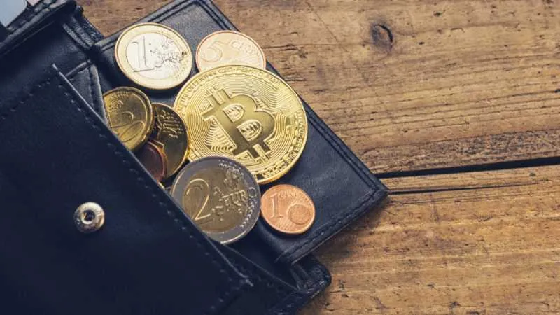 Wallet with coins and a Bitcoin token on wood