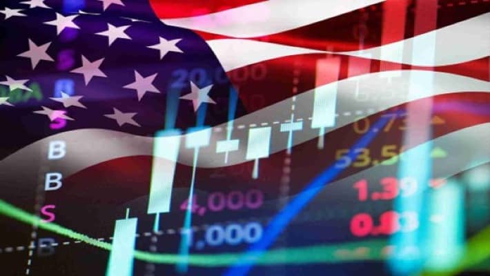 U.S. flag overlaying a financial market chart.