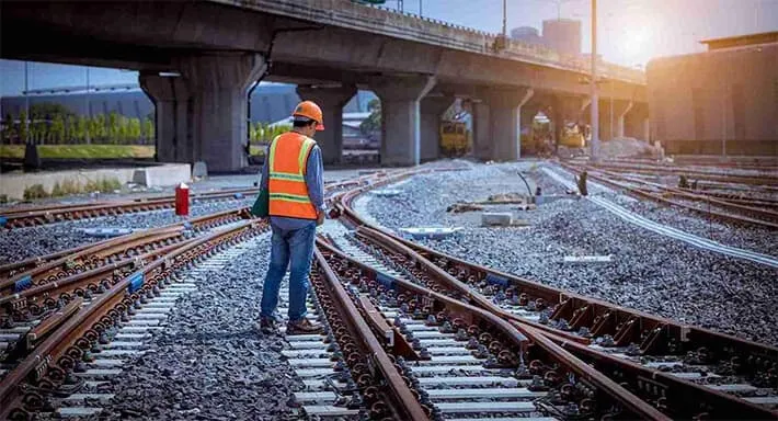 A man wearing a safety uniform and safety helmet checking railway work