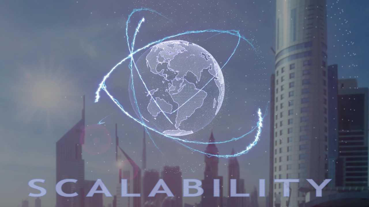 Globe with light connections over a city, labelled "SCALABILITY".