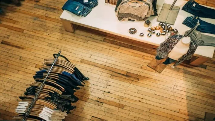 Overhead view of a clothing store's interior, showcasing apparel displays