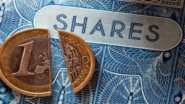 A split 1 Euro coin over a blue patterned background with the word SHARES