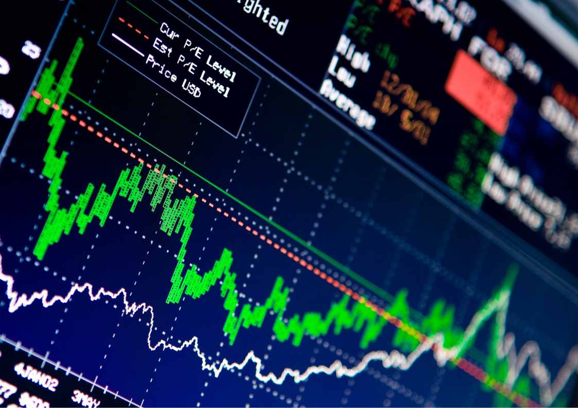 A stock market graph with green and white lines indicating performance metrics