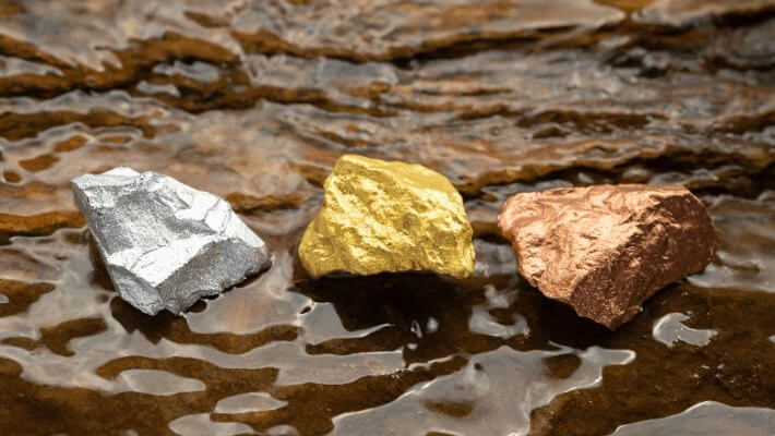 silver, gold, and copper nuggets.