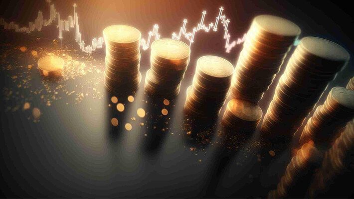 Double exposure of trading graph and rows of coins